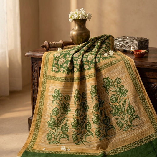 Sanskriti Vintage Saree Green Pure Cotton Floral Print Sari Craft Fabric 5+Yard