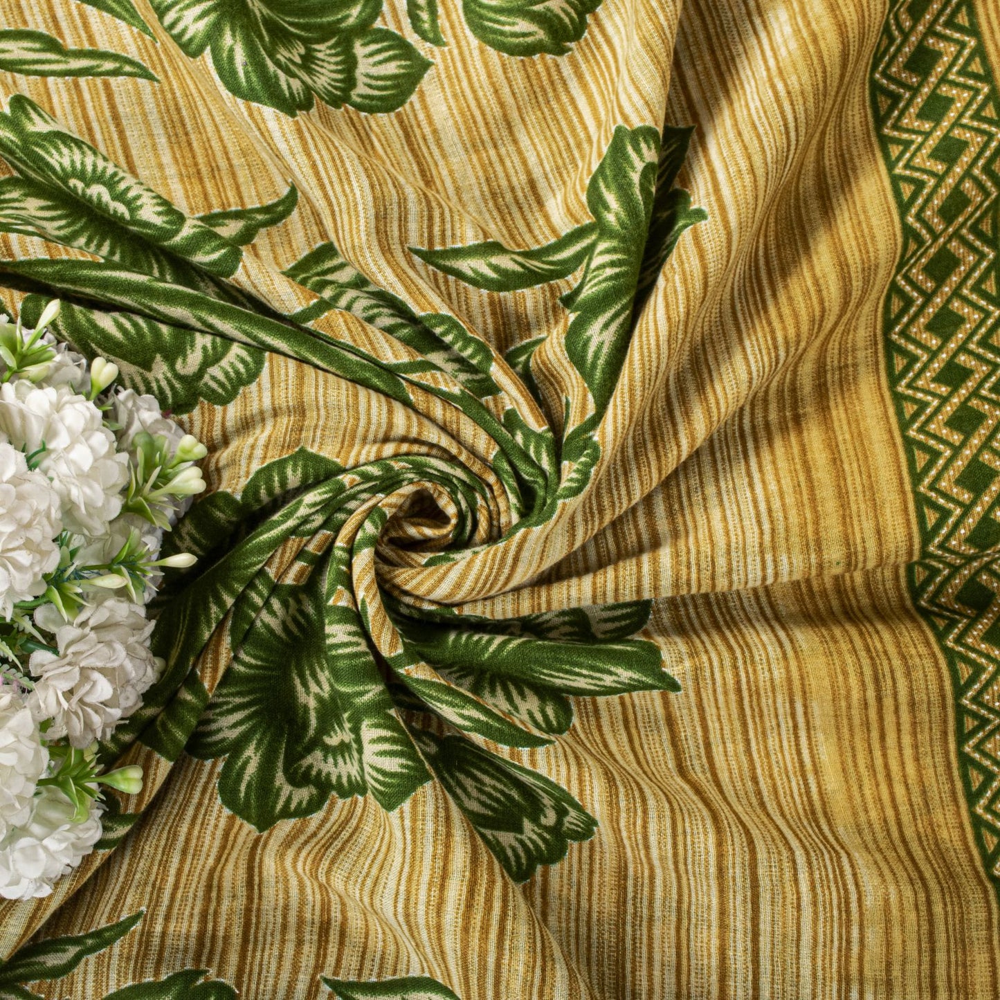 Sanskriti Vintage Saree Green Pure Cotton Floral Print Sari Craft Fabric 5+Yard