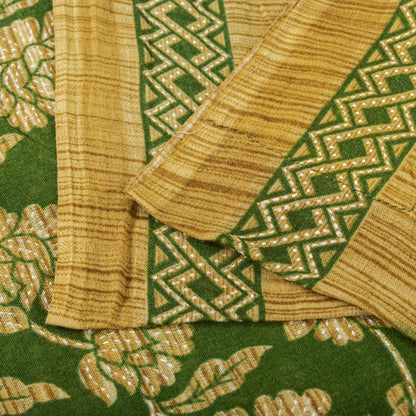Sanskriti Vintage Saree Green Pure Cotton Floral Print Sari Craft Fabric 5+Yard