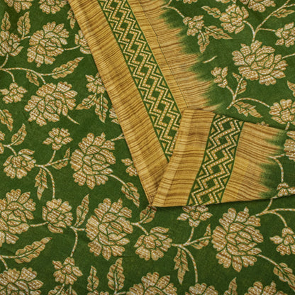 Sanskriti Vintage Saree Green Pure Cotton Floral Print Sari Craft Fabric 5+Yard