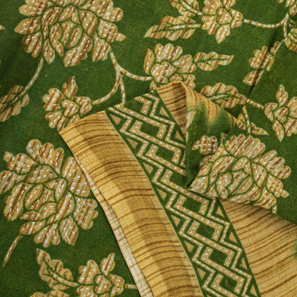 Sanskriti Vintage Saree Green Pure Cotton Floral Print Sari Craft Fabric 5+Yard