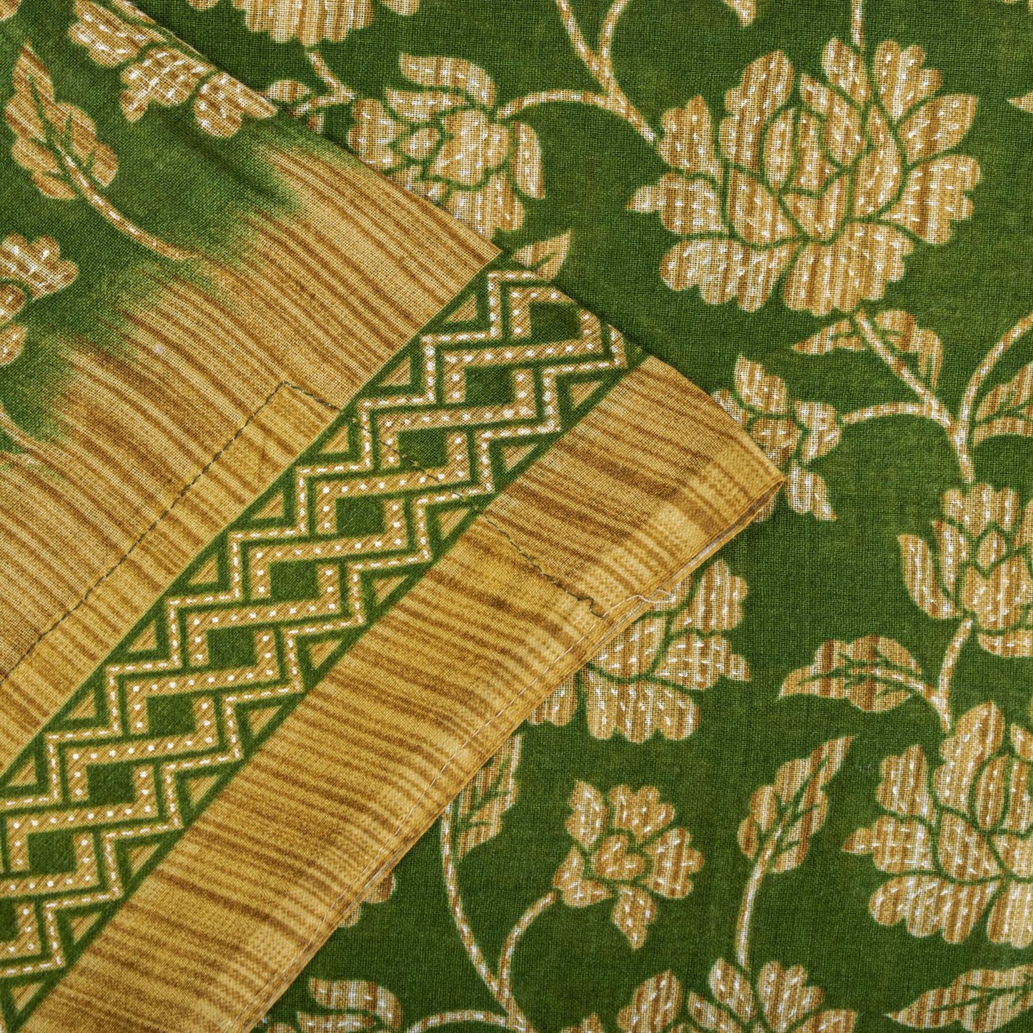 Sanskriti Vintage Saree Green Pure Cotton Floral Print Sari Craft Fabric 5+Yard