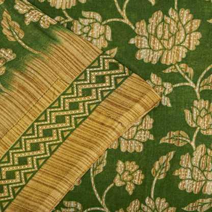Sanskriti Vintage Saree Green Pure Cotton Floral Print Sari Craft Fabric 5+Yard