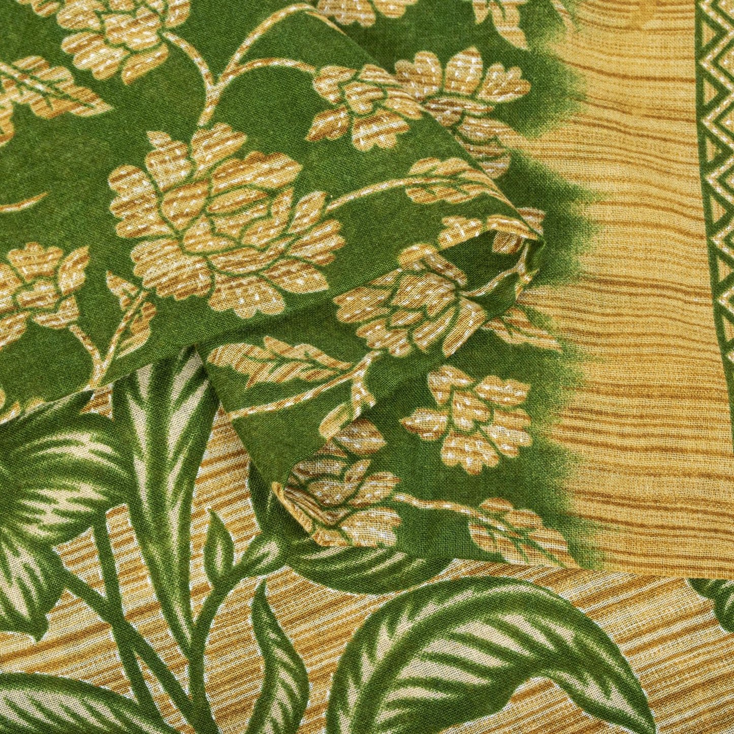 Sanskriti Vintage Saree Green Pure Cotton Floral Print Sari Craft Fabric 5+Yard