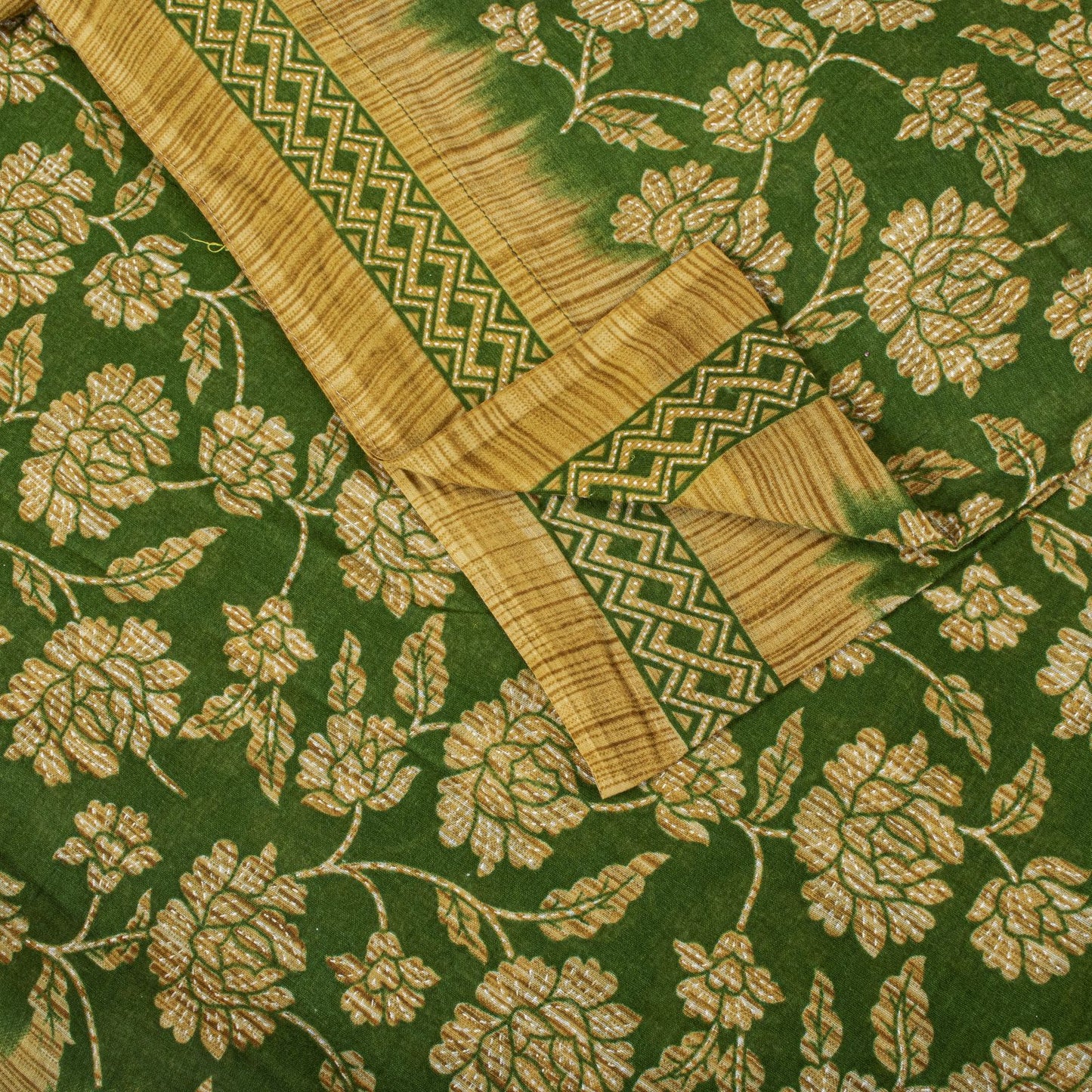 Sanskriti Vintage Saree Green Pure Cotton Floral Print Sari Craft Fabric 5+Yard