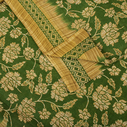 Sanskriti Vintage Saree Green Pure Cotton Floral Print Sari Craft Fabric 5+Yard