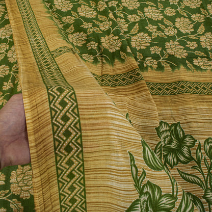 Sanskriti Vintage Saree Green Pure Cotton Floral Print Sari Craft Fabric 5+Yard