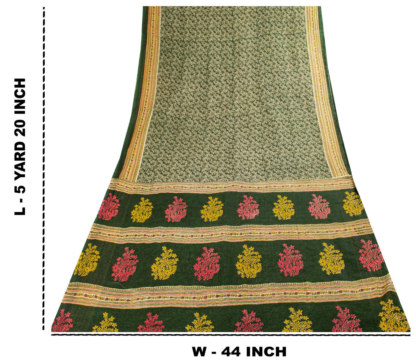 Sanskriti Vintage Saree Green Pure Cotton Floral Print Craft Fabric 5 Yard Sari
