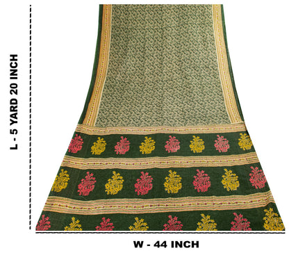 Sanskriti Vintage Saree Green Pure Cotton Floral Print Craft Fabric 5 Yard Sari