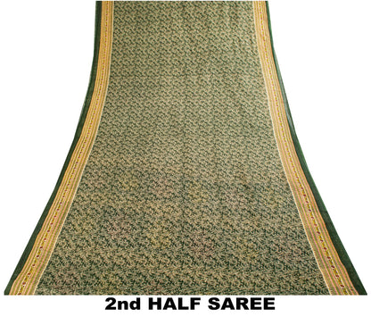 Sanskriti Vintage Saree Green Pure Cotton Floral Print Craft Fabric 5 Yard Sari