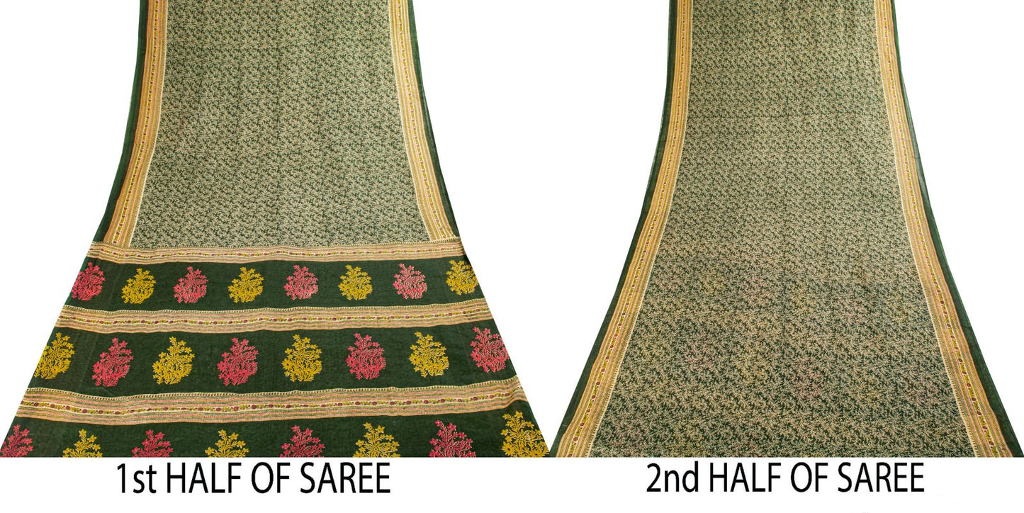 Sanskriti Vintage Saree Green Pure Cotton Floral Print Craft Fabric 5 Yard Sari