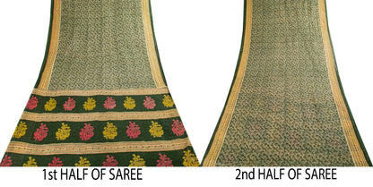 Sanskriti Vintage Saree Green Pure Cotton Floral Print Craft Fabric 5 Yard Sari