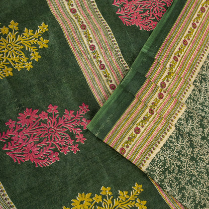 Sanskriti Vintage Saree Green Pure Cotton Floral Print Craft Fabric 5 Yard Sari