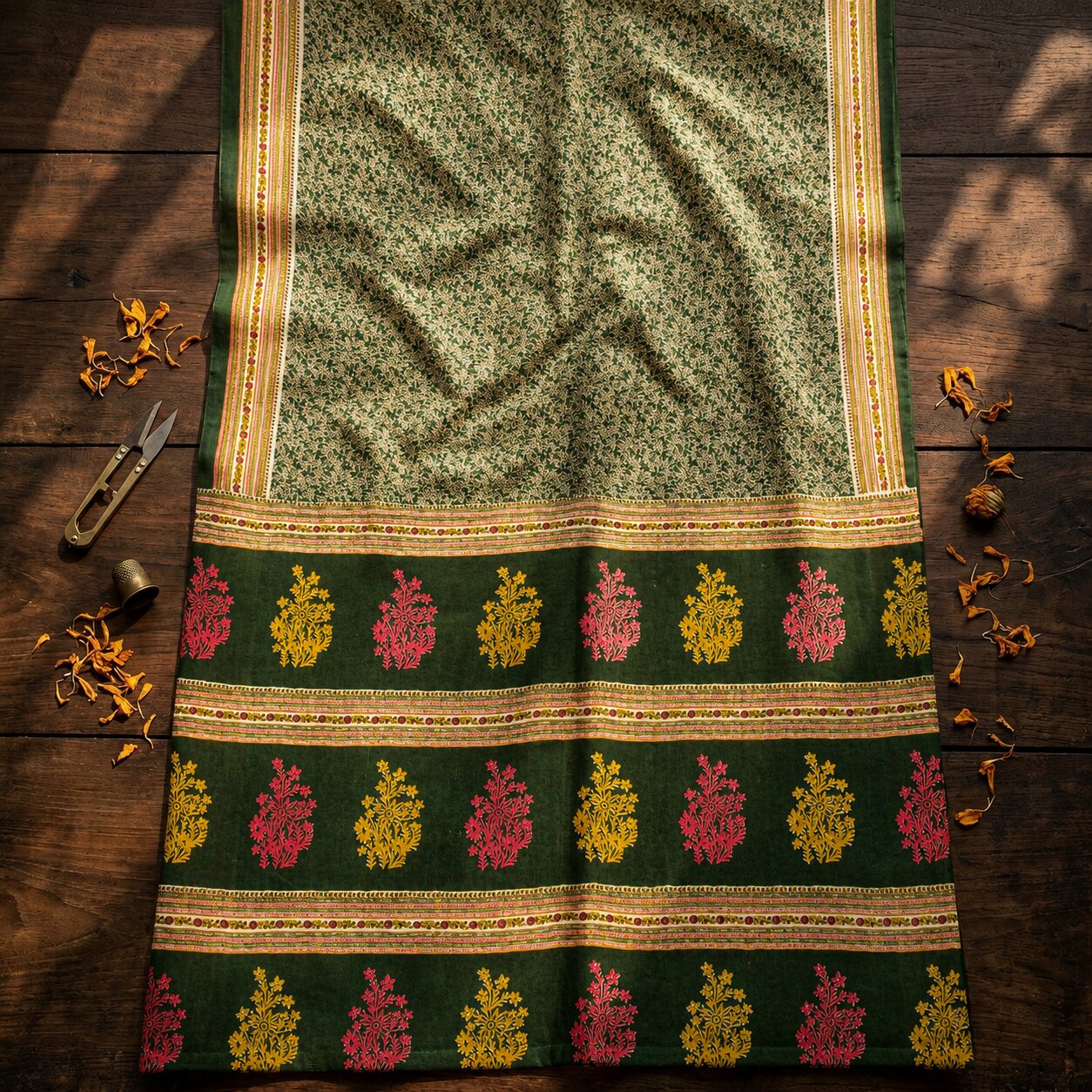 Sanskriti Vintage Saree Green Pure Cotton Floral Print Craft Fabric 5 Yard Sari