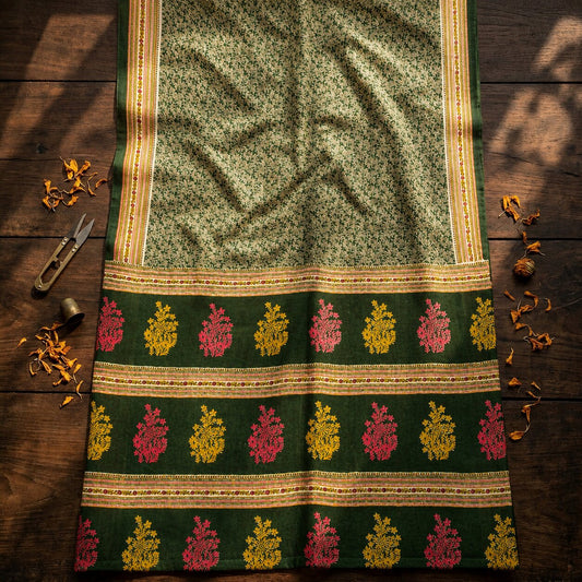 Sanskriti Vintage Saree Green Pure Cotton Floral Print Craft Fabric 5 Yard Sari
