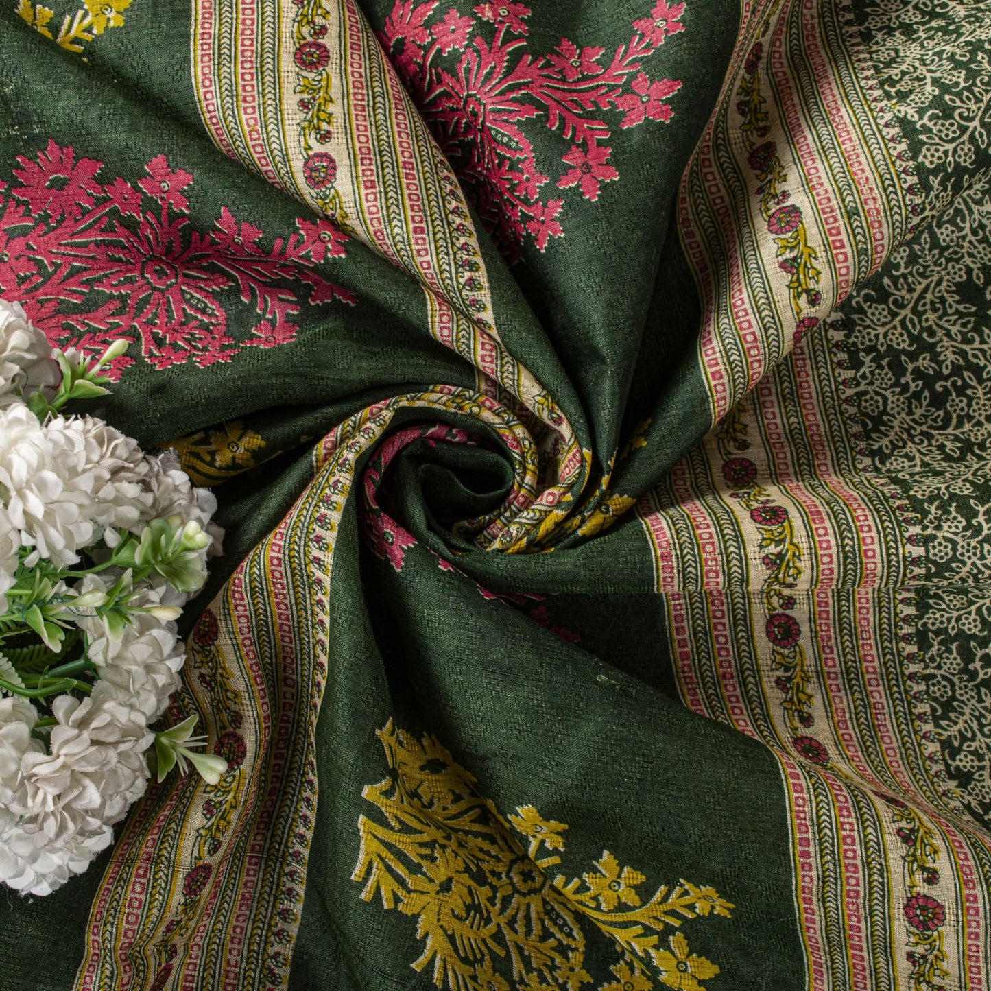 Sanskriti Vintage Saree Green Pure Cotton Floral Print Craft Fabric 5 Yard Sari
