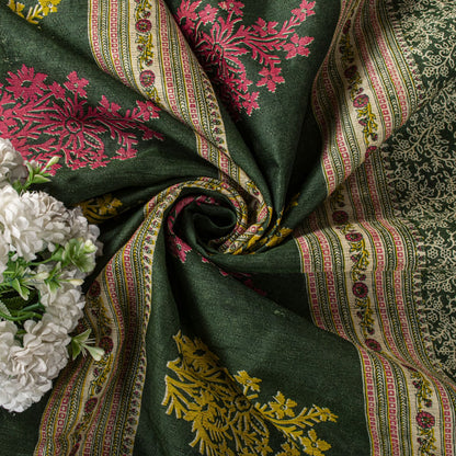Sanskriti Vintage Saree Green Pure Cotton Floral Print Craft Fabric 5 Yard Sari