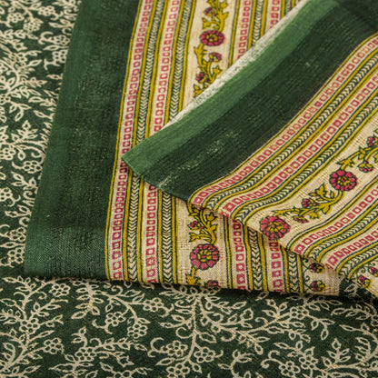 Sanskriti Vintage Saree Green Pure Cotton Floral Print Craft Fabric 5 Yard Sari