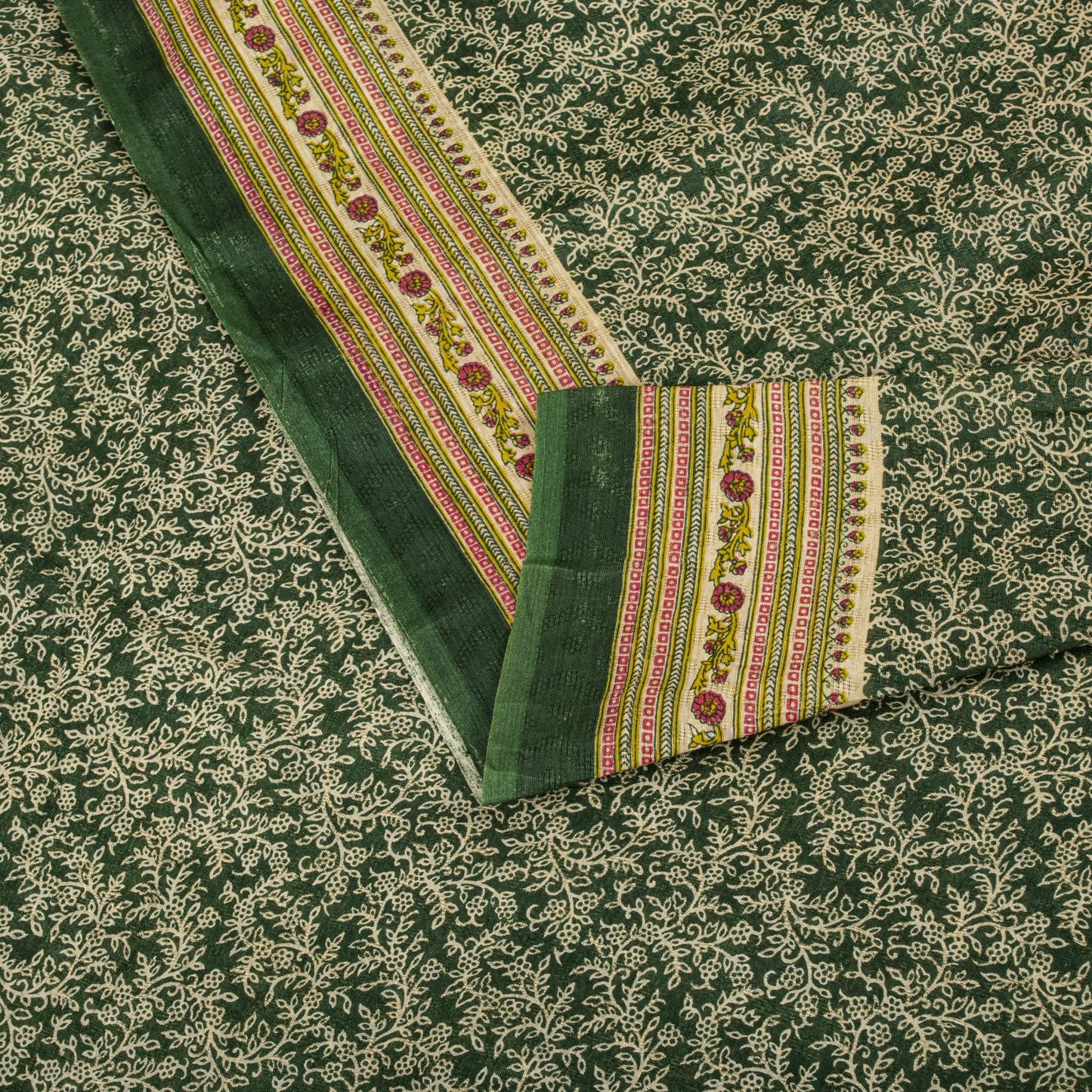 Sanskriti Vintage Saree Green Pure Cotton Floral Print Craft Fabric 5 Yard Sari