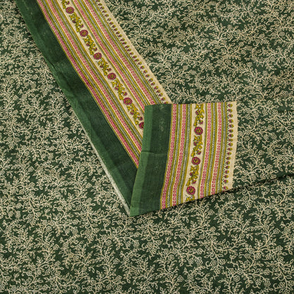 Sanskriti Vintage Saree Green Pure Cotton Floral Print Craft Fabric 5 Yard Sari
