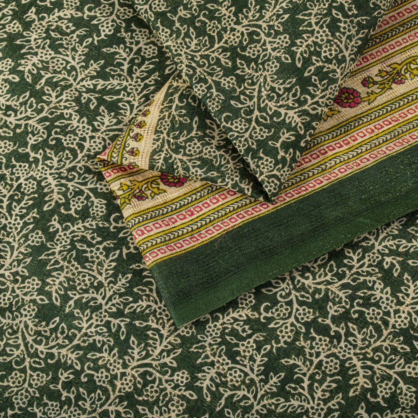 Sanskriti Vintage Saree Green Pure Cotton Floral Print Craft Fabric 5 Yard Sari