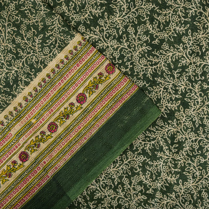 Sanskriti Vintage Saree Green Pure Cotton Floral Print Craft Fabric 5 Yard Sari