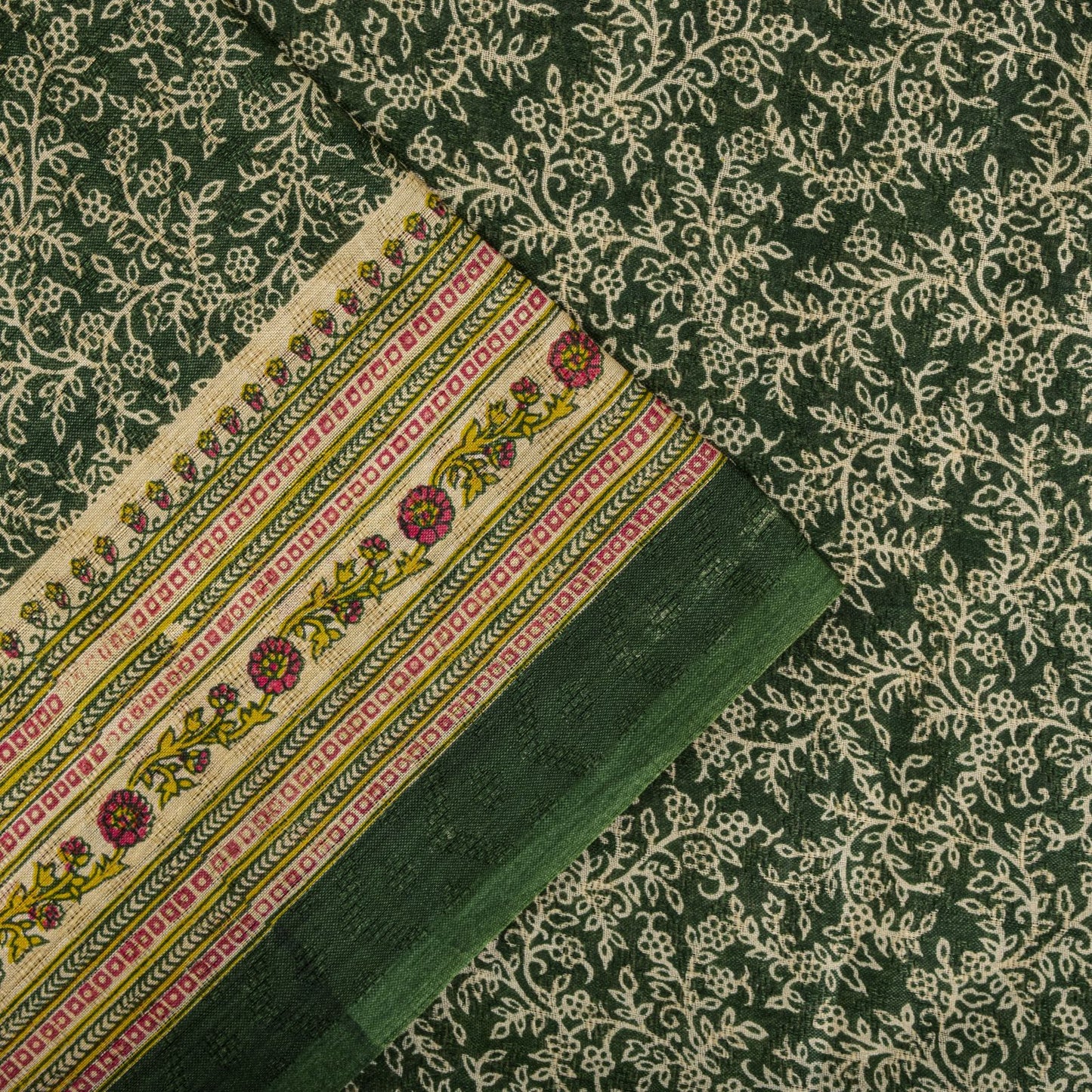Sanskriti Vintage Saree Green Pure Cotton Floral Print Craft Fabric 5 Yard Sari