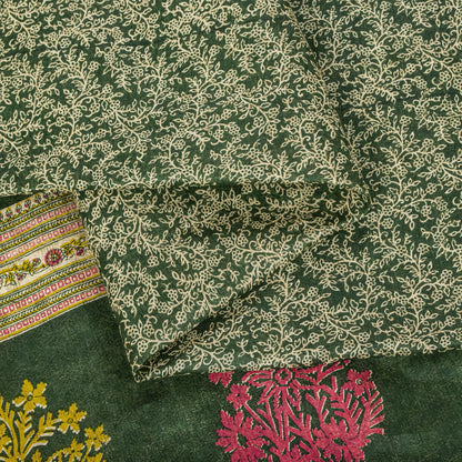 Sanskriti Vintage Saree Green Pure Cotton Floral Print Craft Fabric 5 Yard Sari