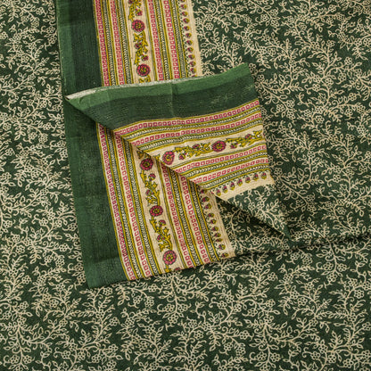 Sanskriti Vintage Saree Green Pure Cotton Floral Print Craft Fabric 5 Yard Sari