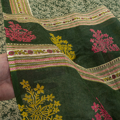 Sanskriti Vintage Saree Green Pure Cotton Floral Print Craft Fabric 5 Yard Sari
