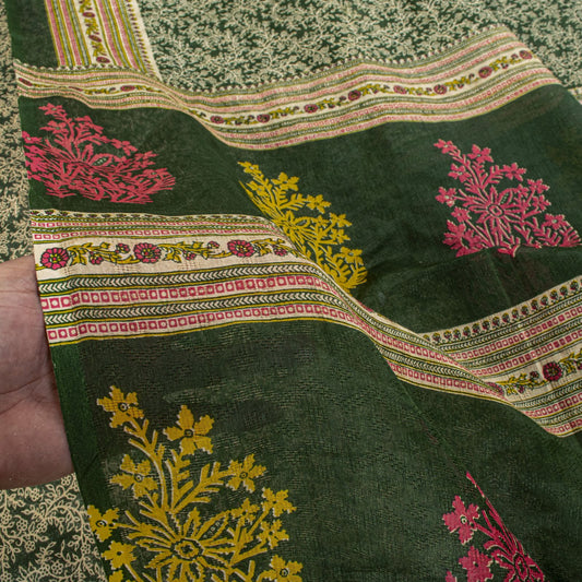 Sanskriti Vintage Saree Green Pure Cotton Floral Print Craft Fabric 5 Yard Sari