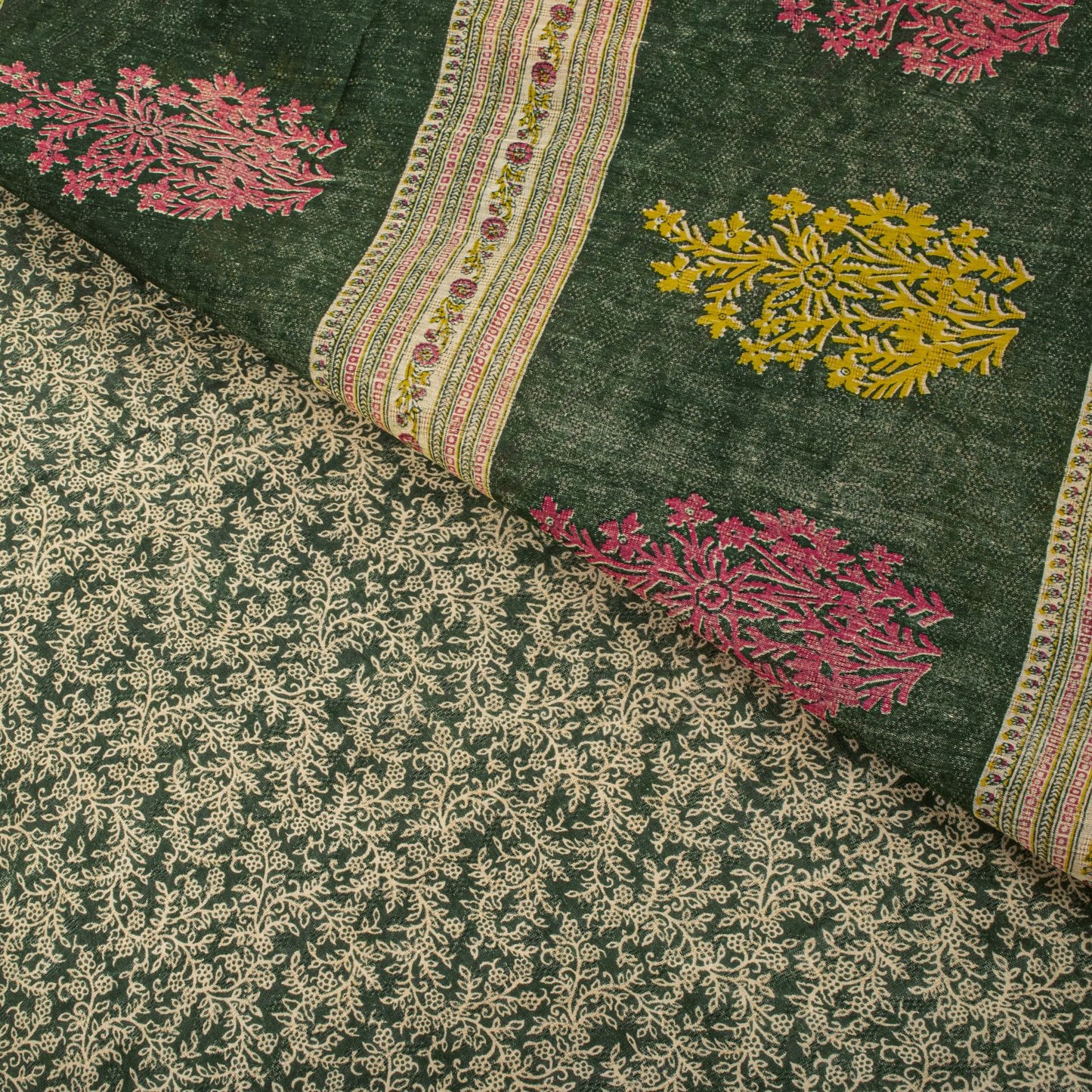 Sanskriti Vintage Saree Green Pure Cotton Floral Print Craft Fabric 5 Yard Sari