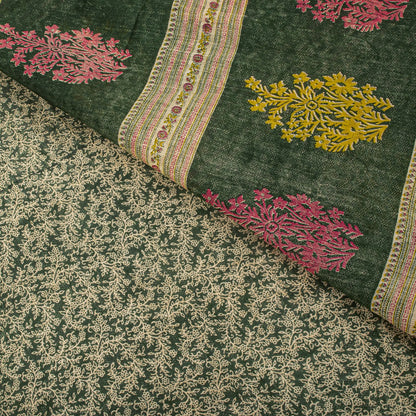 Sanskriti Vintage Saree Green Pure Cotton Floral Print Craft Fabric 5 Yard Sari