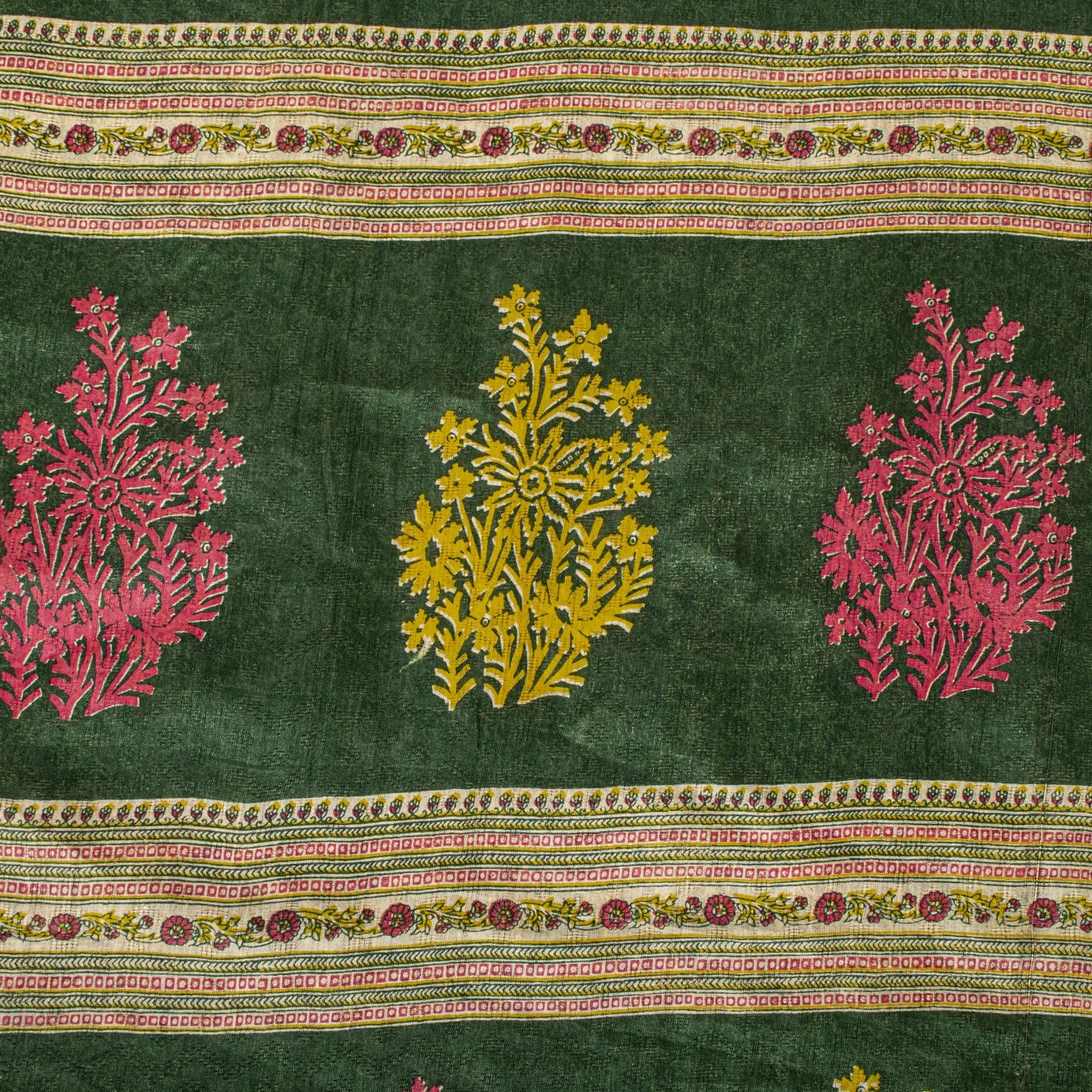 Sanskriti Vintage Saree Green Pure Cotton Floral Print Craft Fabric 5 Yard Sari