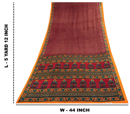Sanskriti Vintage Saree Maroon 100% Pure Cotton Floral Printed Craft Fabric 5+Yard Sari