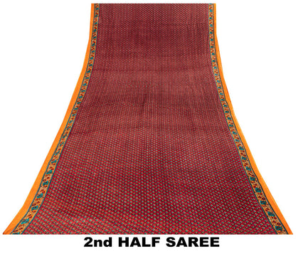 Sanskriti Vintage Saree Maroon 100% Pure Cotton Floral Printed Craft Fabric 5+Yard Sari