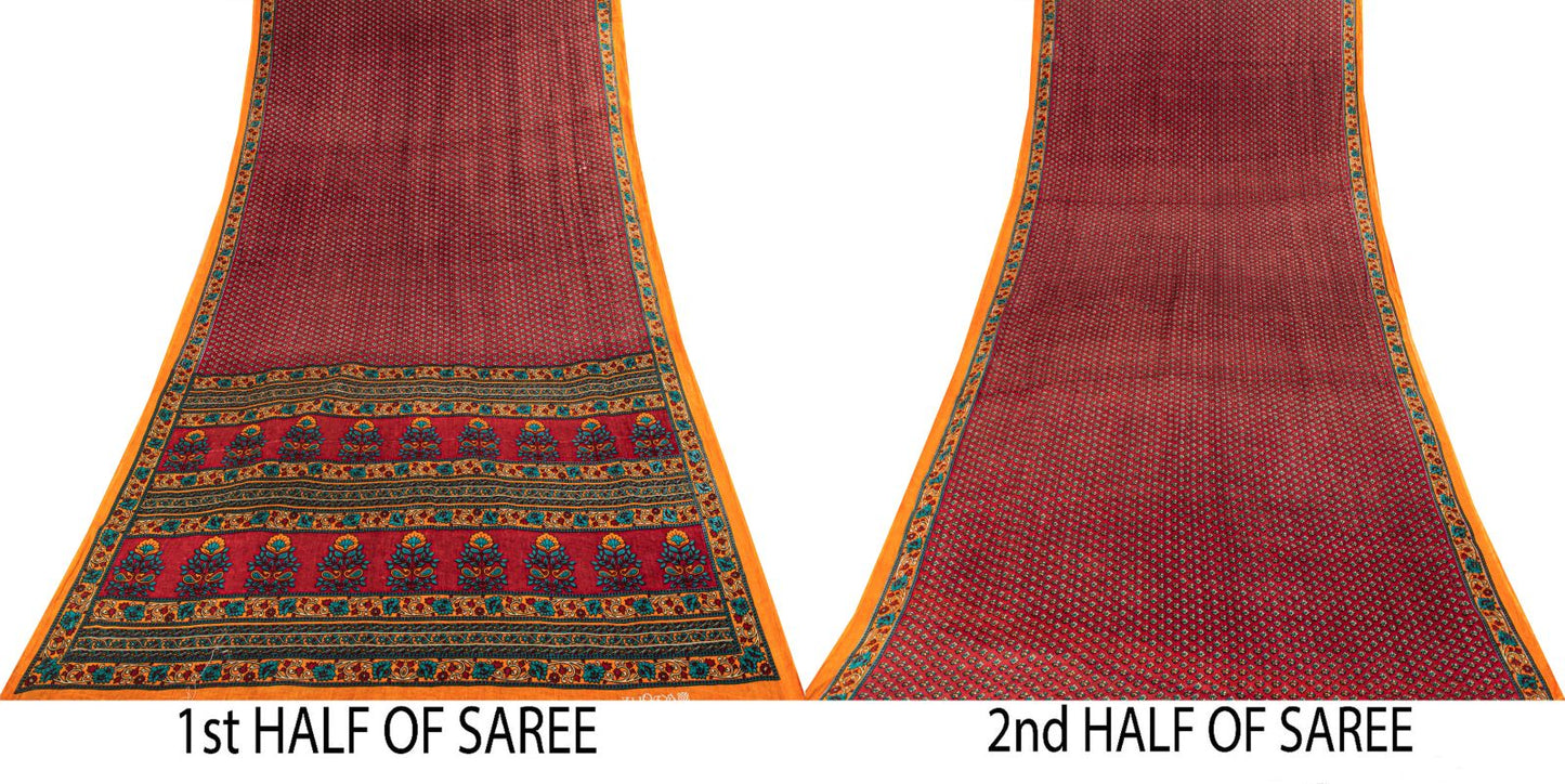 Sanskriti Vintage Saree Maroon 100% Pure Cotton Floral Printed Craft Fabric 5+Yard Sari