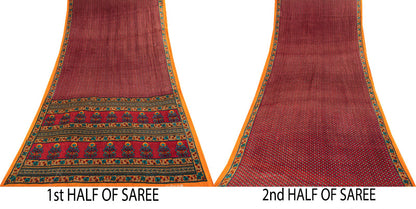 Sanskriti Vintage Saree Maroon 100% Pure Cotton Floral Printed Craft Fabric 5+Yard Sari