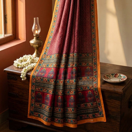 Sanskriti Vintage Saree Maroon 100% Pure Cotton Floral Printed Craft Fabric 5+Yard Sari
