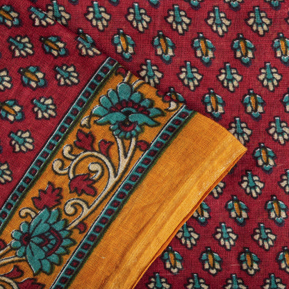 Sanskriti Vintage Saree Maroon 100% Pure Cotton Floral Printed Craft Fabric 5+Yard Sari