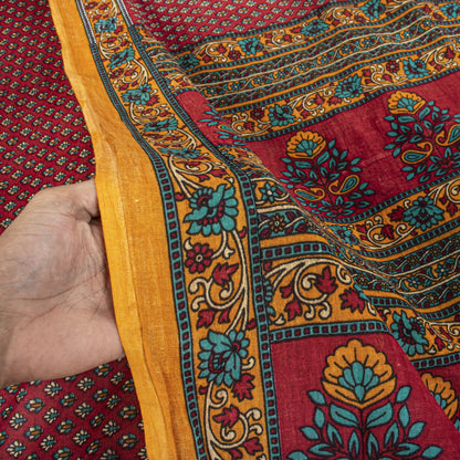Sanskriti Vintage Saree Maroon 100% Pure Cotton Floral Printed Craft Fabric 5+Yard Sari