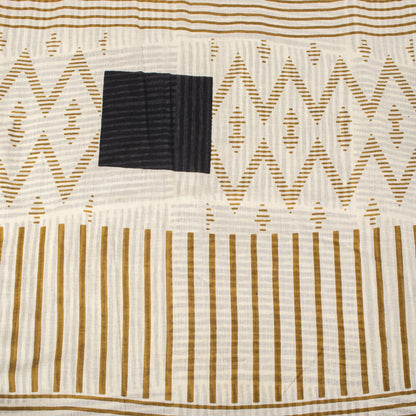 Sanskriti Vintage Saree Black-White 100% Pure Cotton Geometric Printed Craft Fabric 5+Yd Sari