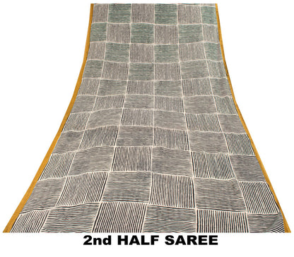 Sanskriti Vintage Saree Black-White 100% Pure Cotton Geometric Printed Craft Fabric 5+Yd Sari