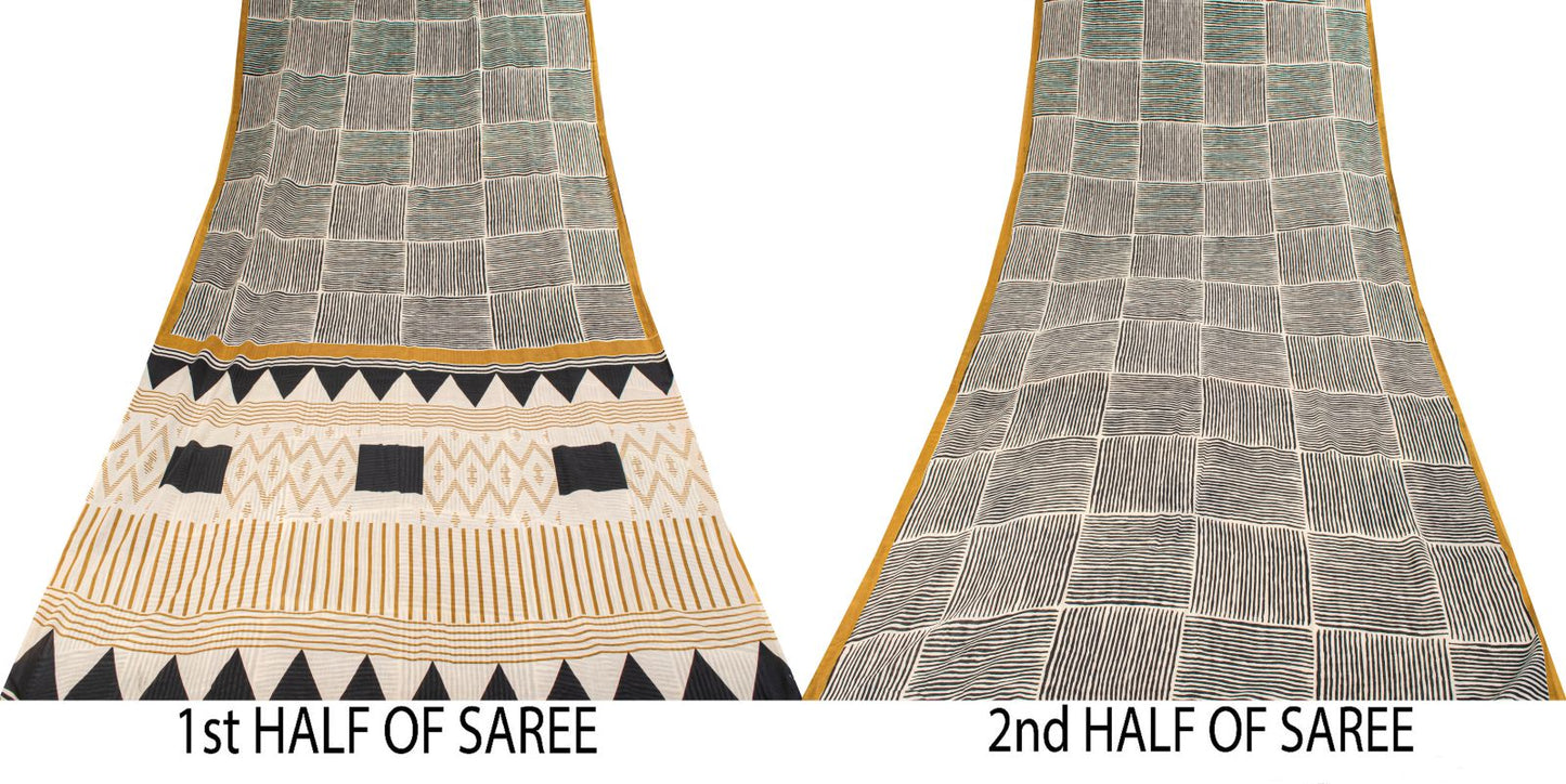 Sanskriti Vintage Saree Black-White 100% Pure Cotton Geometric Printed Craft Fabric 5+Yd Sari