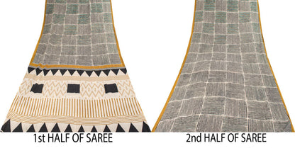 Sanskriti Vintage Saree Black-White 100% Pure Cotton Geometric Printed Craft Fabric 5+Yd Sari