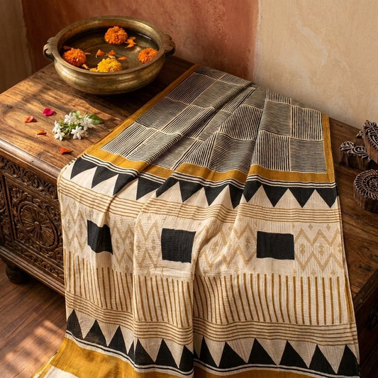 Sanskriti Vintage Saree Black-White 100% Pure Cotton Geometric Printed Craft Fabric 5+Yd Sari