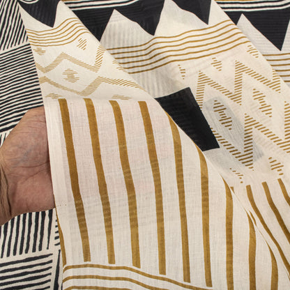 Sanskriti Vintage Saree Black-White 100% Pure Cotton Geometric Printed Craft Fabric 5+Yd Sari