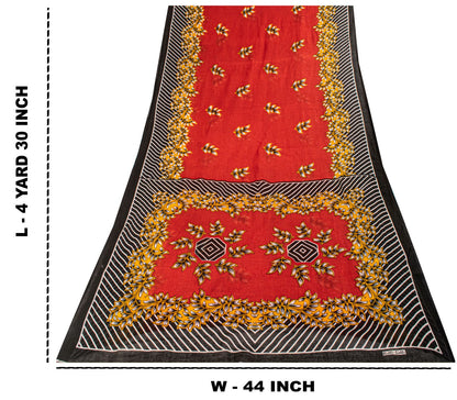 Sanskriti Vintage Saree Red Pure Cotton Floral Printed Craft Fabric Indian Sari