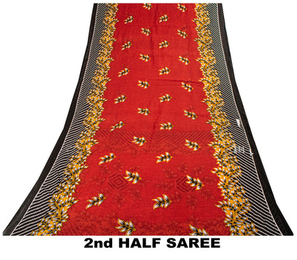 Sanskriti Vintage Saree Red Pure Cotton Floral Printed Craft Fabric Indian Sari