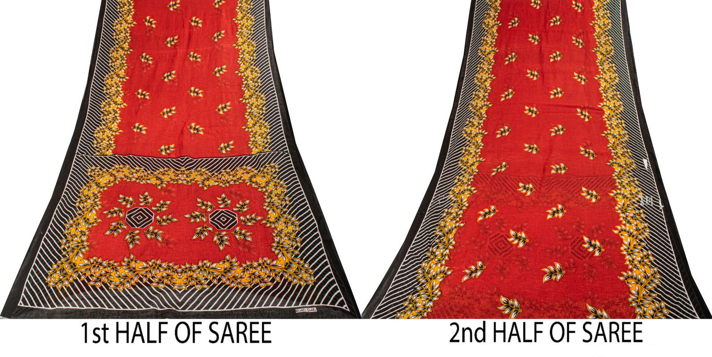 Sanskriti Vintage Saree Red Pure Cotton Floral Printed Craft Fabric Indian Sari
